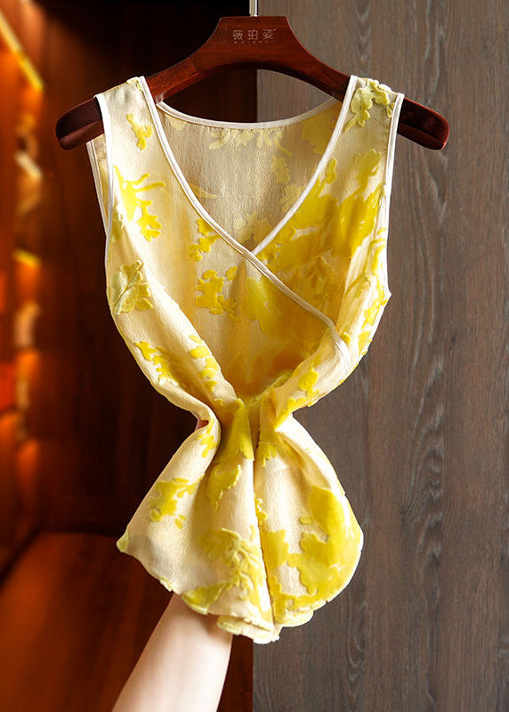 Bohemian Yellow V Neck Patchwork Print Silk Tanks Sleeveless