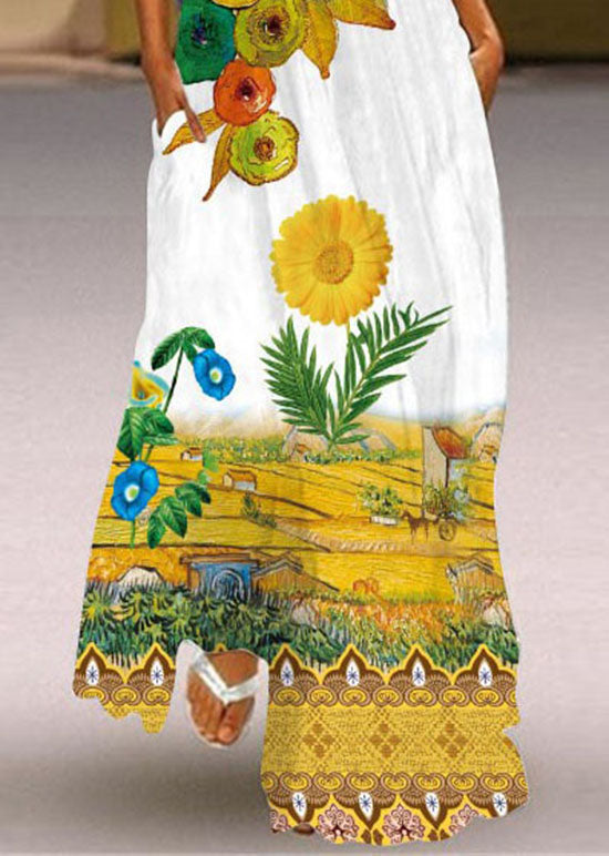 Bohemian Yellow V Neck Print Chiffon Maxi Dress Sleeveless