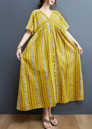 Bohemian Yellow V Neck Print Cotton Holiday Dress Short Sleeve