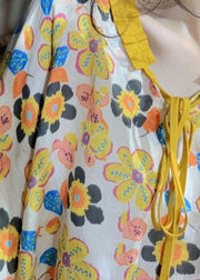 Bohemian Yellow V Neck Print Lace Up Linen Shirt Tops Spring