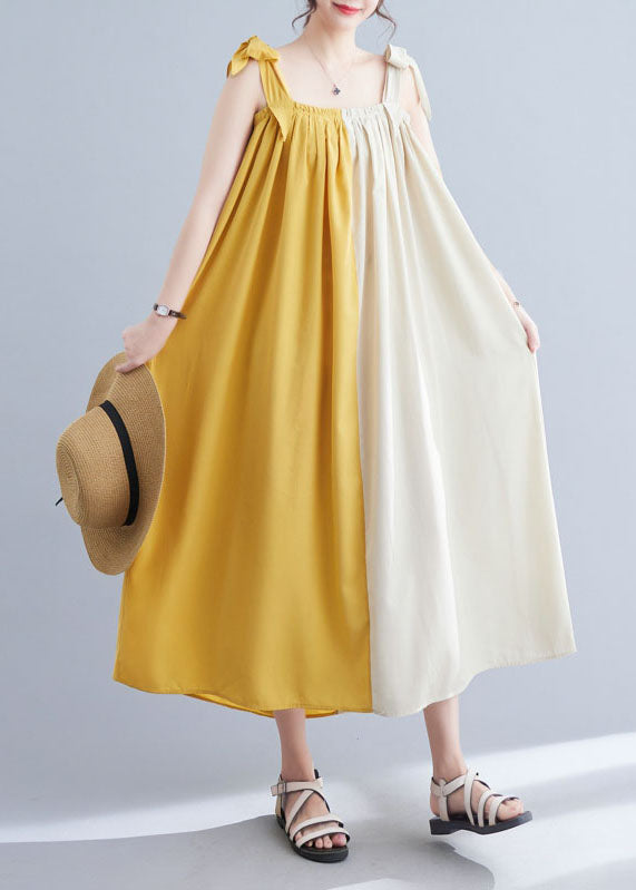 Bohemian Yellow Wrinkled Patchwork Cotton Summer Beach Dress Sleeveless