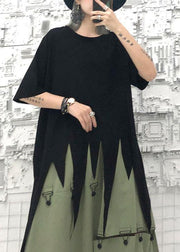 Bohemian asymmetric hem cotton Long Shirts design black o neck shirts summer - SooLinen