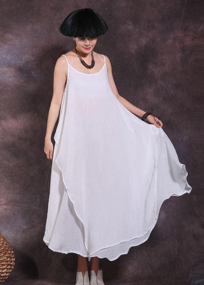Bohemian big hem linen clothes Runway white sleeveless Dresses summer - SooLinen
