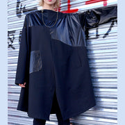 Bohemian black Cotton baggy dress Fun Neckline patchwork short Dresses