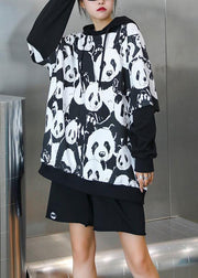 Bohemian black Panda printing tunic pattern hooded daily tops - SooLinen