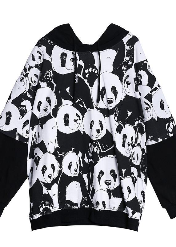 Bohemian black Panda printing tunic pattern hooded daily tops - SooLinen