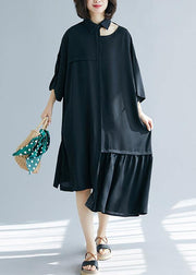 Bohemian black clothes lapel asymmetric cotton summer Dress - SooLinen