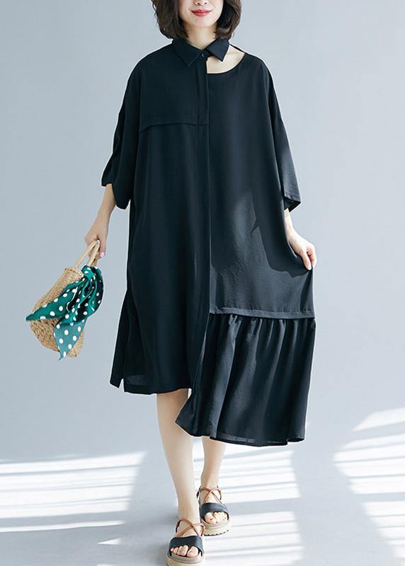 Bohemian black clothes lapel asymmetric cotton summer Dress - SooLinen