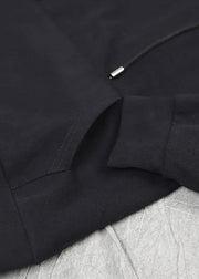 Bohemian black cotton Blouse loose drawstring hooded Sweatshirt - SooLinen