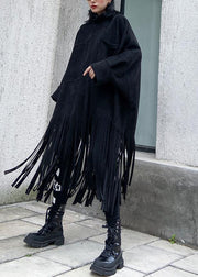 Bohemian black cotton Tunics tassel Plus Size half high neck Dress - SooLinen