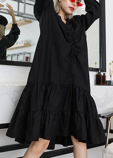 Bohemian black cotton clothes For Women Ruffles Cinched Plus Size v neck Dress - SooLinen