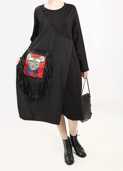 Bohemian black cotton tunic top asymmetric cotton prints tassel Dress - SooLinen