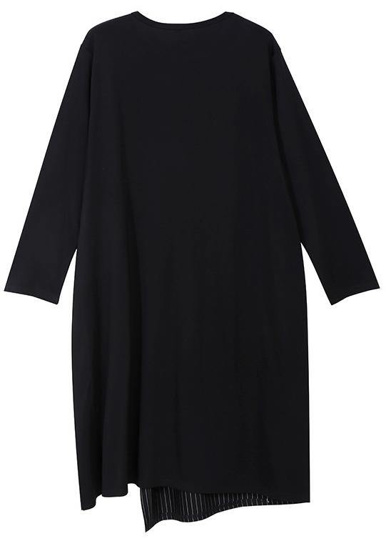 Bohemian black cotton tunic top asymmetric cotton prints tassel Dress - SooLinen