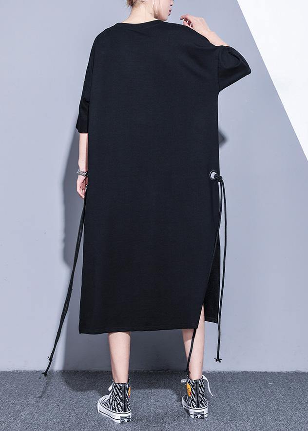 Bohemian black cotton tunics for women side open Maxi summer Dresses - SooLinen