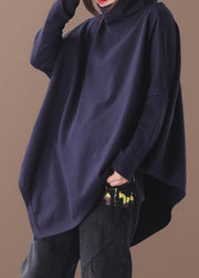 Bohemian black fall cotton shirts asymmetric hem baggy high neck top - SooLinen