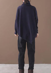 Bohemian black fall cotton shirts asymmetric hem baggy high neck top - SooLinen
