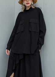 Bohemian black high neck cotton tunic top low high design daily fall top - SooLinen