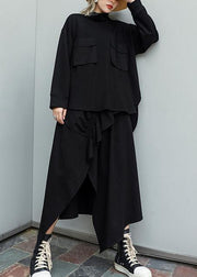 Bohemian black high neck cotton tunic top low high design daily fall top - SooLinen