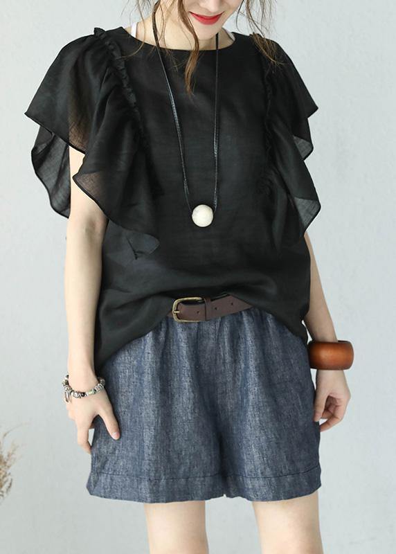 Bohemian black linen tops women o neck ruffles sleeve blouses - SooLinen