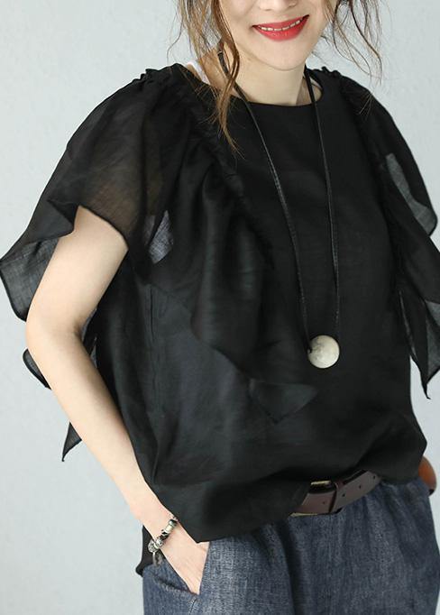 Bohemian black linen tops women o neck ruffles sleeve blouses - SooLinen