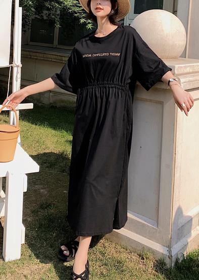 Bohemian black o neck cotton Long Shirts drawstring A Line summer Dress - SooLinen