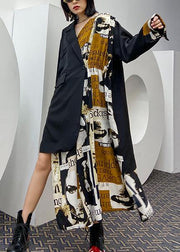 Bohemian black patchwork Letter outfit Notched asymmetric oversized Dress - SooLinen