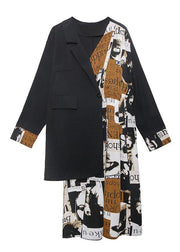 Bohemian black patchwork Letter outfit Notched asymmetric oversized Dress - SooLinen