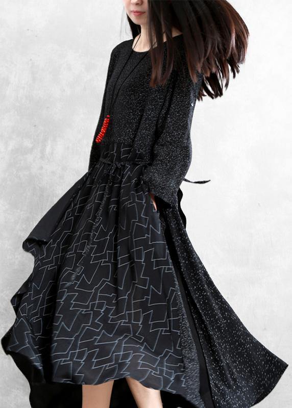 Bohemian black print clothes For Women o neck patchwork Maxi Dresses - SooLinen