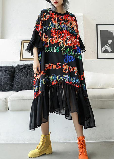 Bohemian black print cotton quilting clothes o neck patchwork Maxi summer Dress - SooLinen