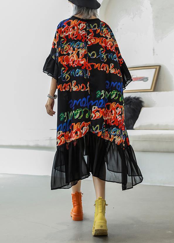 Bohemian black print cotton quilting clothes o neck patchwork Maxi summer Dress - SooLinen