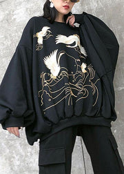 Bohemian black print cotton tunic pattern o neck lantern sleeve oversized blouses - SooLinen