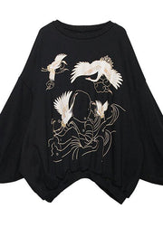 Bohemian black print cotton tunic pattern o neck lantern sleeve oversized blouses - SooLinen