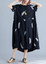 Bohemian black prints cotton linen Robes loose waist Plus Size Clothing summer Dresses - SooLinen