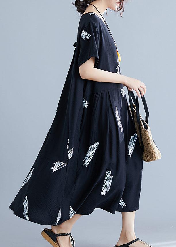 Bohemian black prints cotton linen Robes loose waist Plus Size Clothing summer Dresses - SooLinen