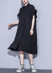 Bohemian black tunics for women lapel asymmetric cotton summer Dress - SooLinen