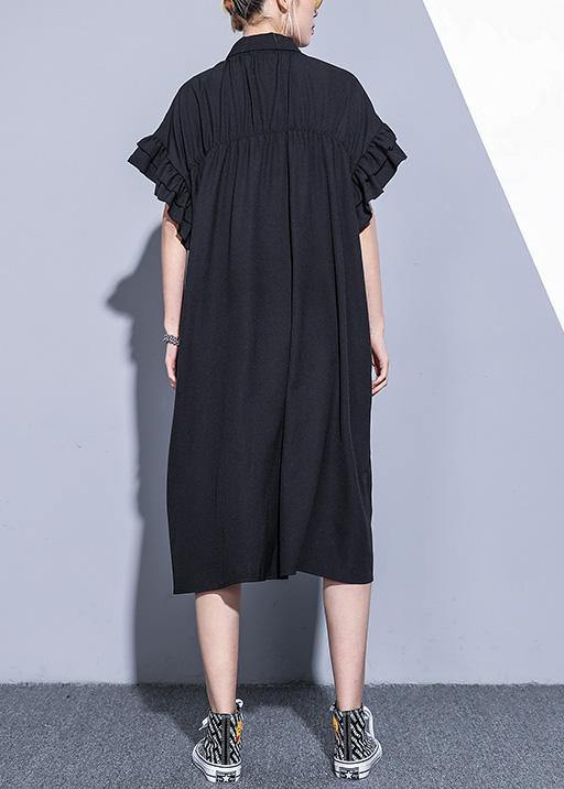 Bohemian black tunics for women lapel asymmetric cotton summer Dress - SooLinen