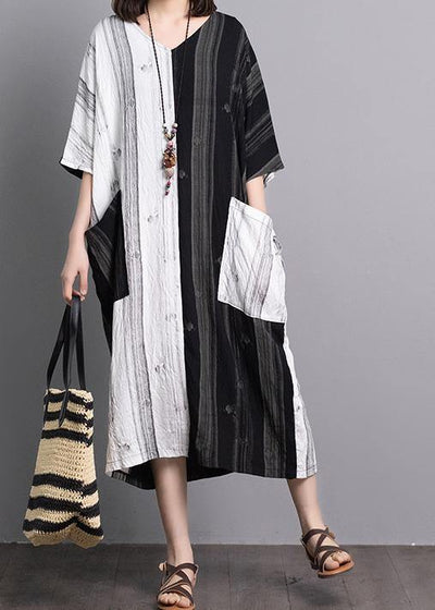 Bohemian black white patchwork linen dresses v neck pockets A Line summer Dress - SooLinen