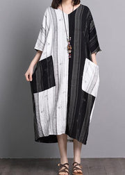 Bohemian black white patchwork linen dresses v neck pockets A Line summer Dress - SooLinen