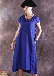 Bohemian blue Cotton Tunic asymmetric hem Plus Size summer Dresses - SooLinen