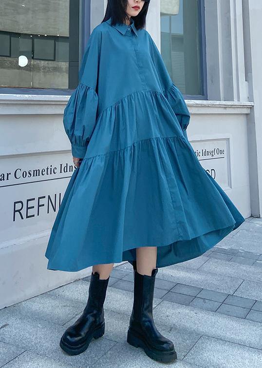 Bohemian blue dress lapel Puff Sleeve Maxi Dress - SooLinen