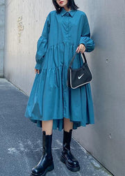 Bohemian blue dress lapel Puff Sleeve Maxi Dress - SooLinen