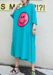 Bohemian blue green print cotton clothes o neck side open Robe summer Dress - SooLinen