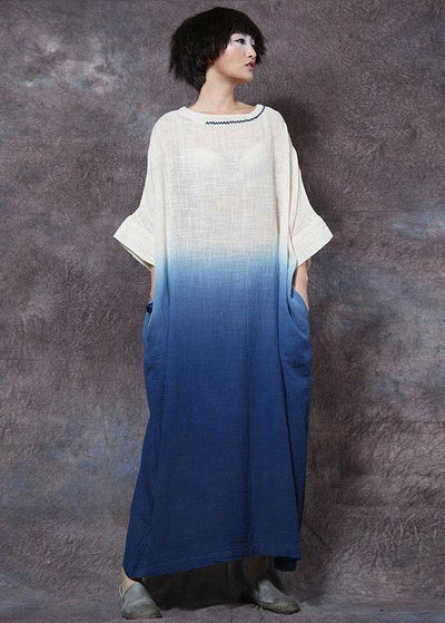 Bohemian blue linen cotton clothes gradient color Maxi summer Dresses - SooLinen