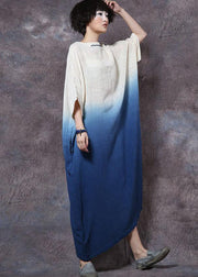 Bohemian blue linen cotton clothes gradient color Maxi summer Dresses - SooLinen