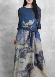 Bohemian blue print clothes For Women o neck tie waist Maxi Dresses - SooLinen