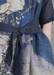 Bohemian blue print clothes For Women o neck tie waist Maxi Dresses - SooLinen