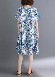 Bohemian blue print cotton clothes o neck Cinched tunic summer Dress - SooLinen