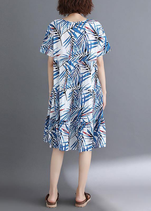Bohemian blue print cotton clothes o neck Cinched tunic summer Dress - SooLinen