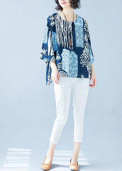 Bohemian blue print cotton linen shirts Fabrics o neck Batwing Sleeve blouses - SooLinen
