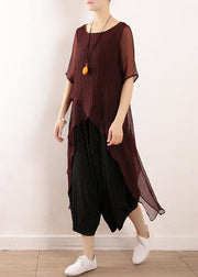 Bohemian burgundy linen top asymmetric hem Plus Size Clothing summer blouse - SooLinen